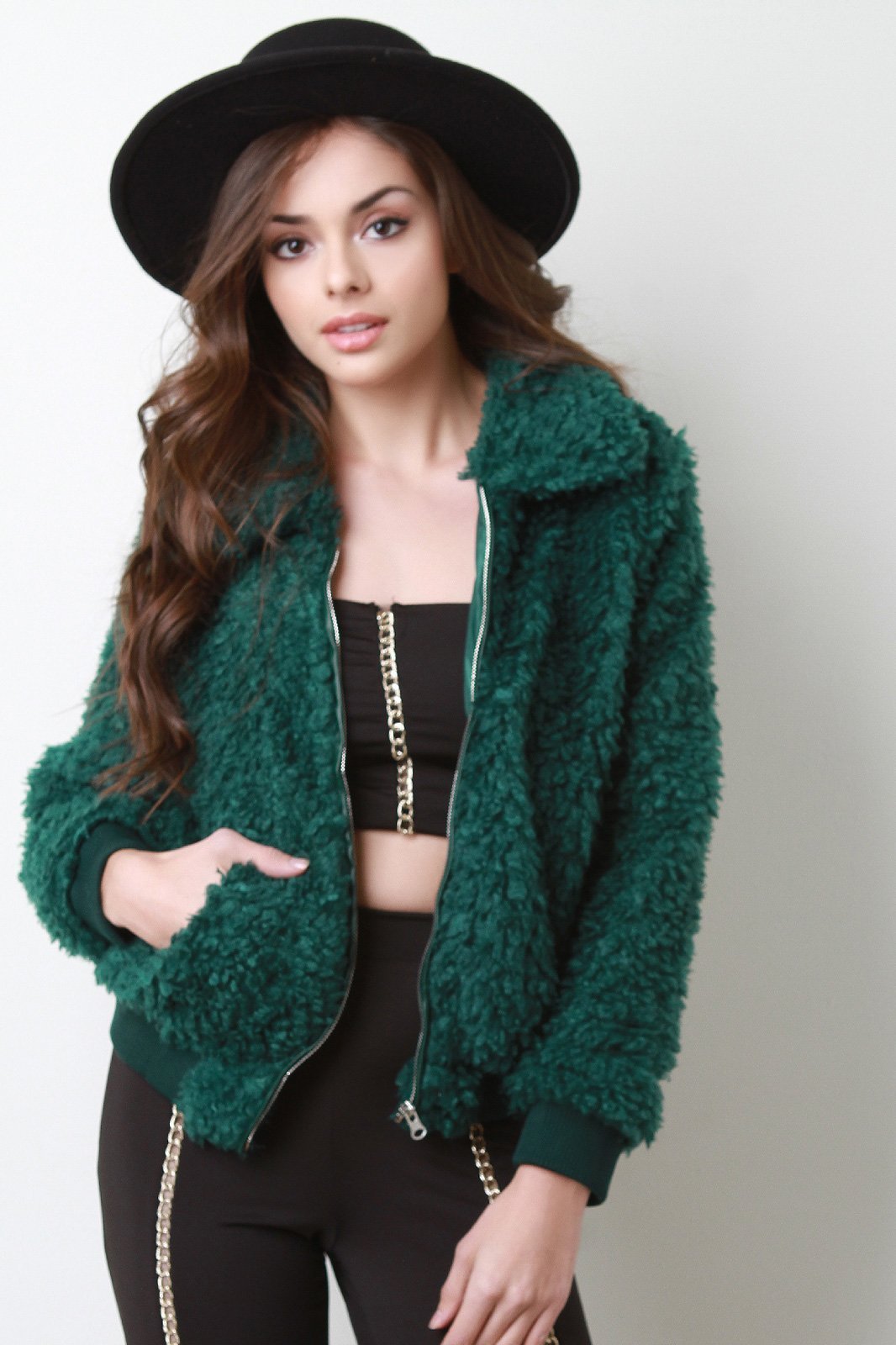 Shaggy Faux Fur Zip-Up Bomber Jacket