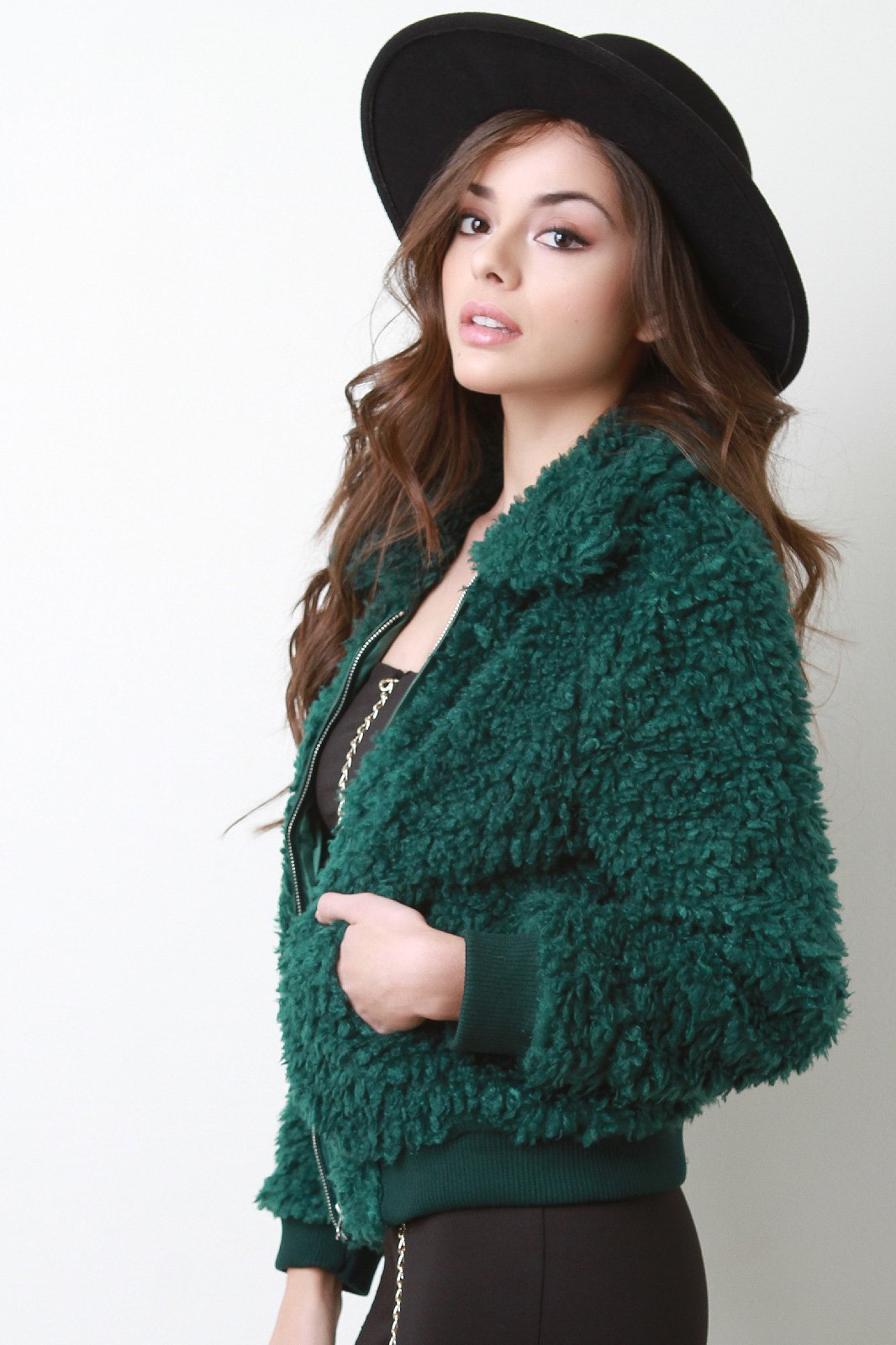 Shaggy Faux Fur Zip-Up Bomber Jacket