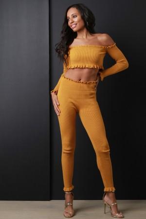 Rib Knit Ruffle Bardot Crop Top and Leggings Sett