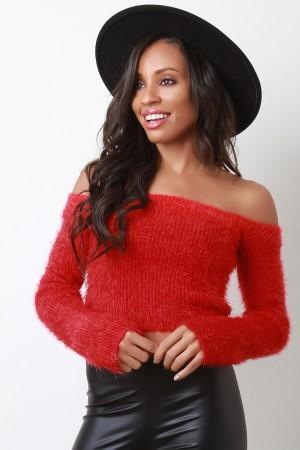 Fuzzy Knit Long Sleeve Bardot Crop Top