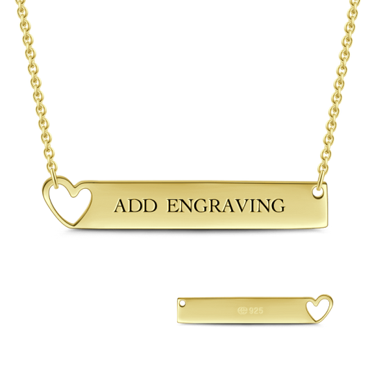 14K Gold Personalized Heart Engravable Bar Necklace Adjustable 16”-20”-White Gold/Yellow Gold/Rose Gold