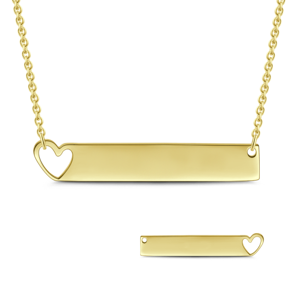 14K Gold Personalized Heart Engravable Bar Necklace Adjustable 16”-20”-White Gold/Yellow Gold/Rose Gold