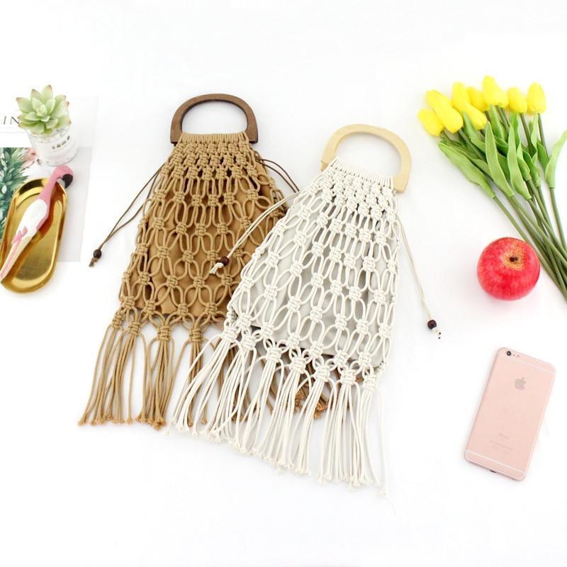 Casual Fishnet Tassel Rattan Bag Rattan Bags black / with Lining