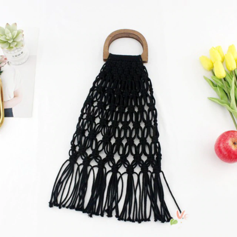 Casual Fishnet Tassel Rattan Bag Rattan Bags black / with Lining