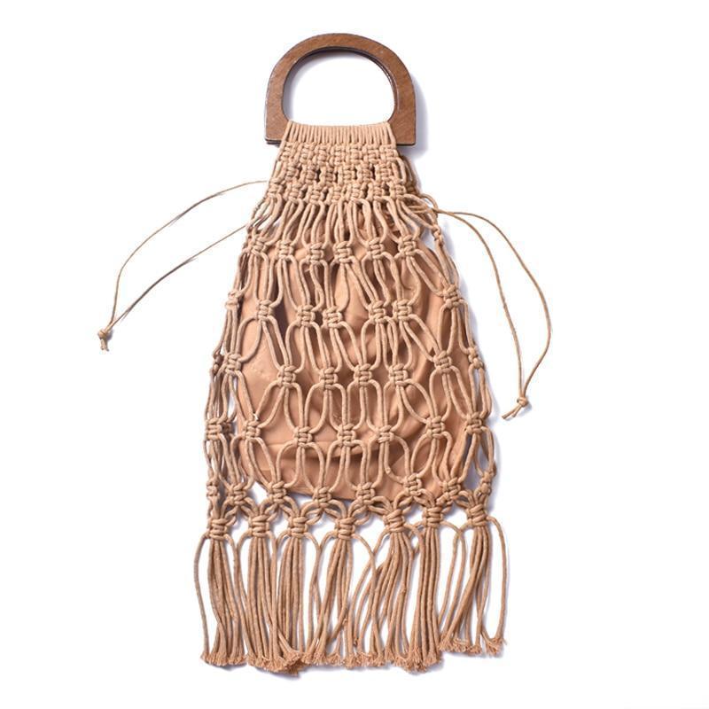 Casual Fishnet Tassel Rattan Bag Rattan Bags brown / with Lining