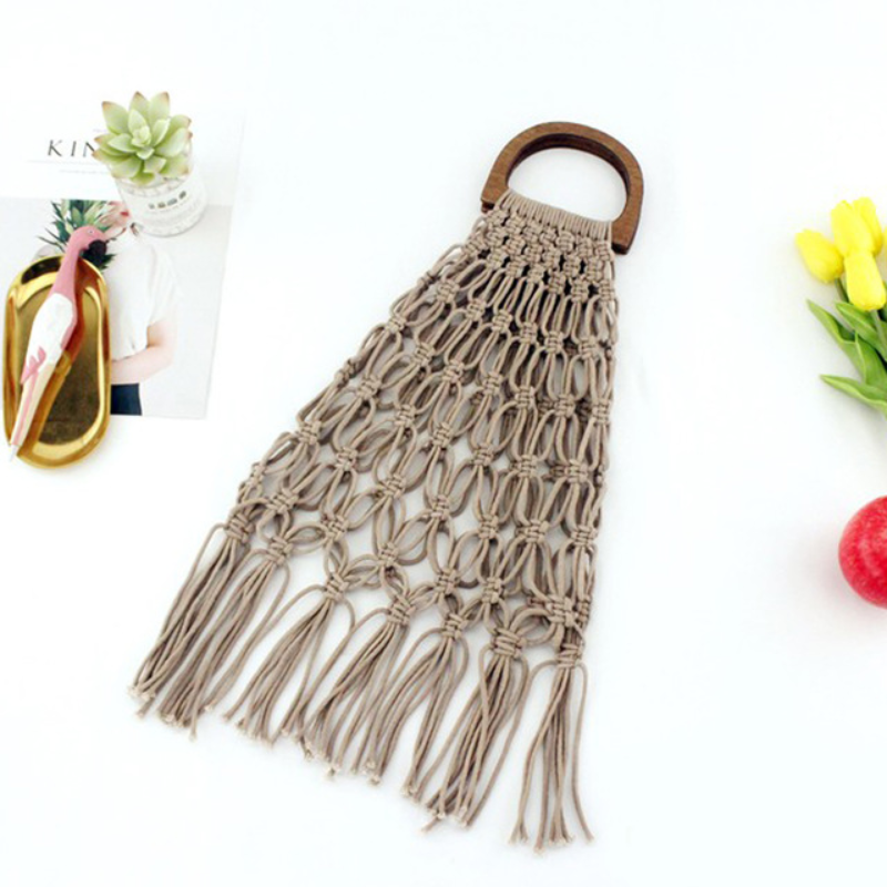 Casual Fishnet Tassel Rattan Bag Rattan Bags gray / with Lining