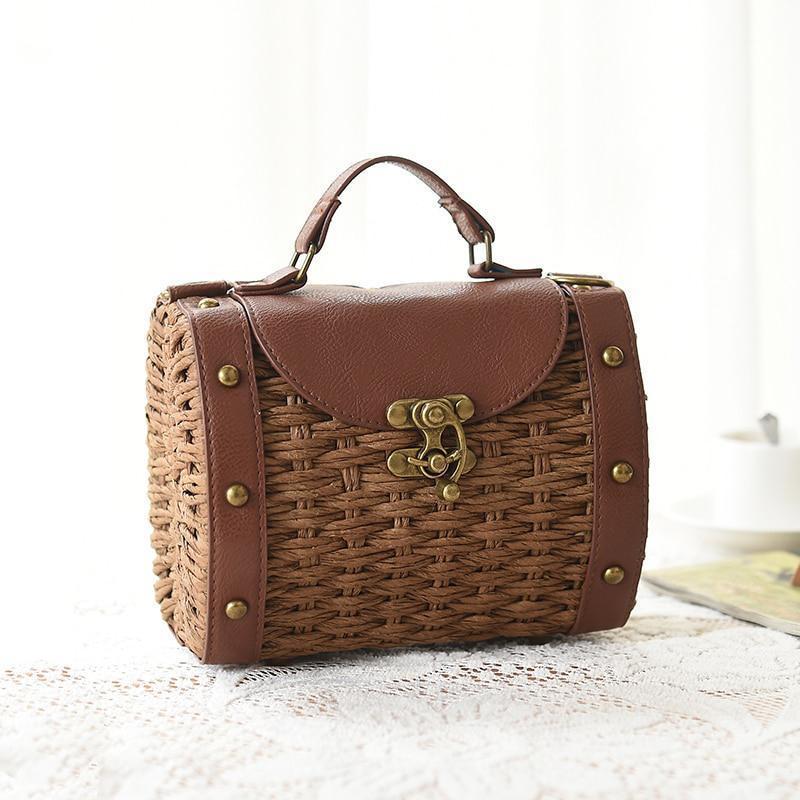 Casually Elegant Rattan & Faux Leather Bag Rattan Bags Beige