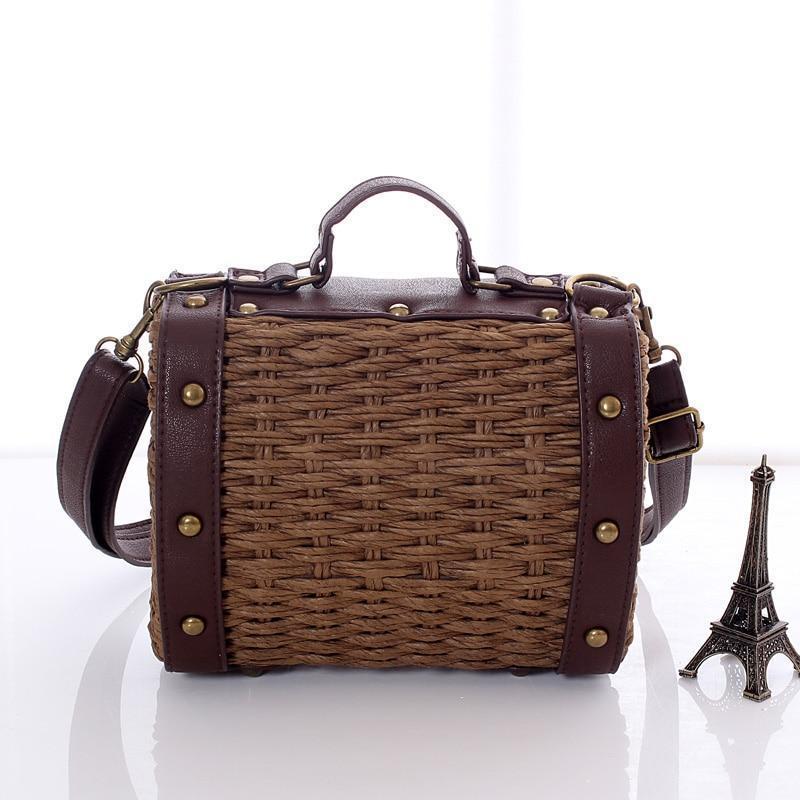 Casually Elegant Rattan & Faux Leather Bag Rattan Bags Beige