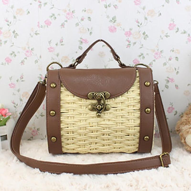 Casually Elegant Rattan & Faux Leather Bag Rattan Bags Beige