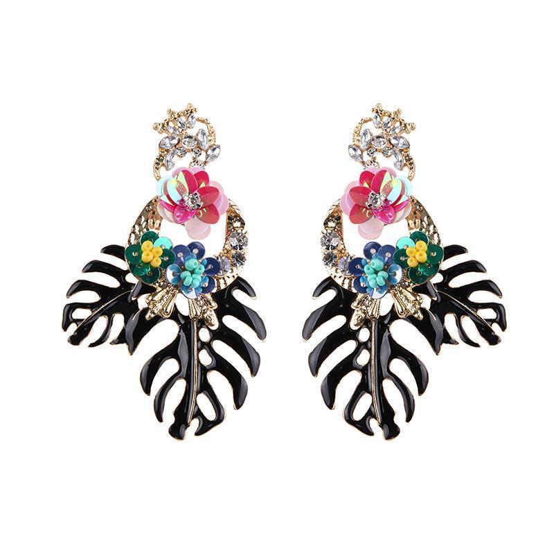 loomrack Bohemian Floral Leaf Drop Earrings Drop Earrings Black