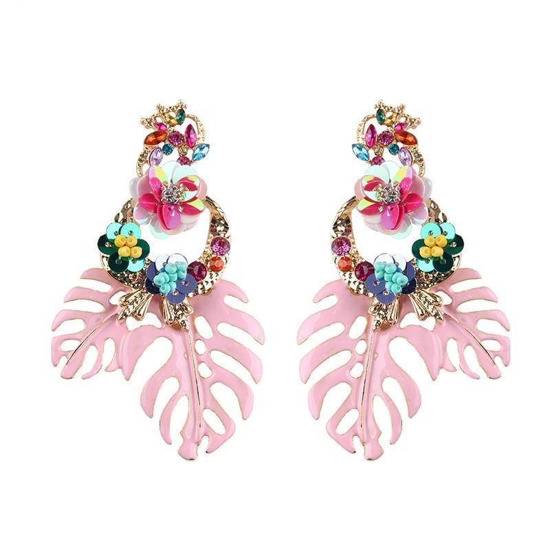 loomrack Bohemian Floral Leaf Drop Earrings Drop Earrings Pink