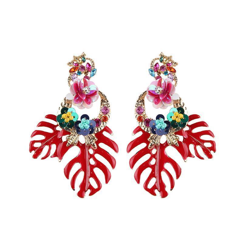 loomrack Bohemian Floral Leaf Drop Earrings Drop Earrings Red