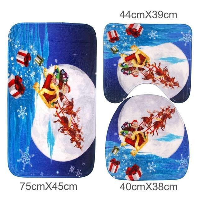 loomrack Christmas Bathroom Set - Toilet Cover Rug 3-Pc Set Christmas Accessories Santa Claus and elk