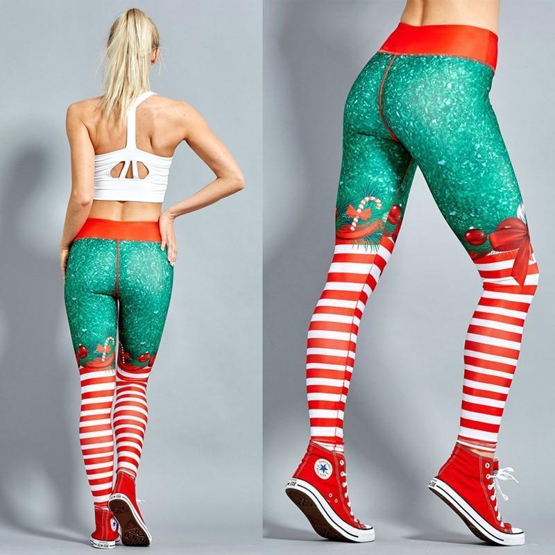 loomrack Christmas Leggings - High Waist Candy Stripe Bow Christmas Clothes