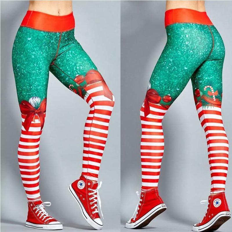 loomrack Christmas Leggings - High Waist Candy Stripe Bow Christmas Clothes