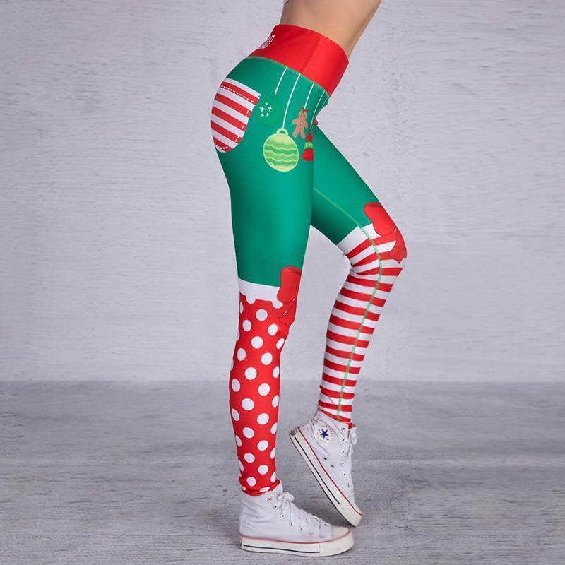 loomrack Christmas Leggings - High Waist Elf Squad Green Polka Dot Stripe Leggings