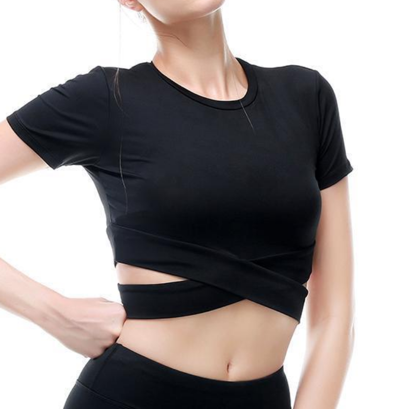 loomrack Criss-Cross Short Sleeve Crop Workout Top Yoga Shirts Black / S