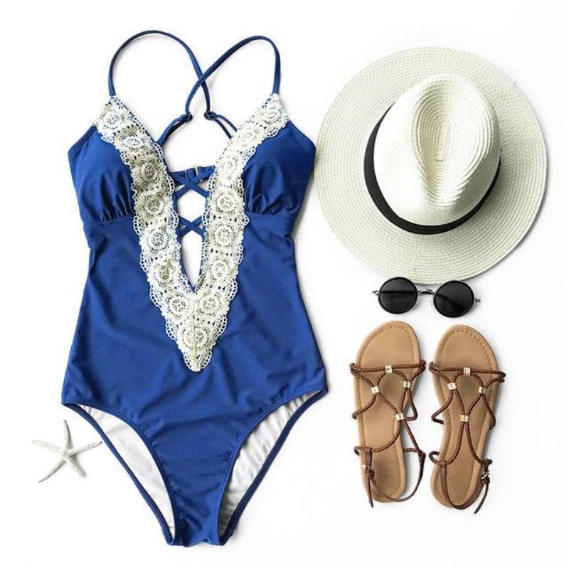 loomrack Crochet V-Neck One-Piece Swimsuit Body Suits Blue / S