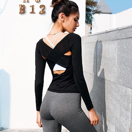 loomrack Cross Mesh Open Back Long Sleeve Fitness Top Yoga Shirts