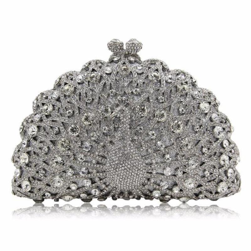 loomrack Magnificent Peacock Evening Clutch Bag Evening Bags Silver