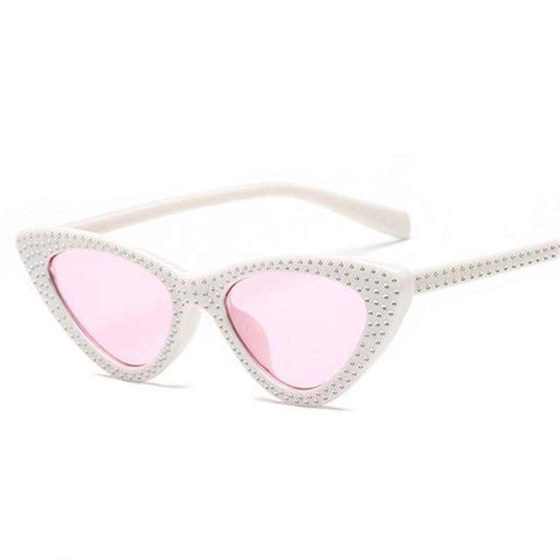 loomrack Retro Cat Eye Pointed Rhinestone Sunglasses Sunglasses White Pink