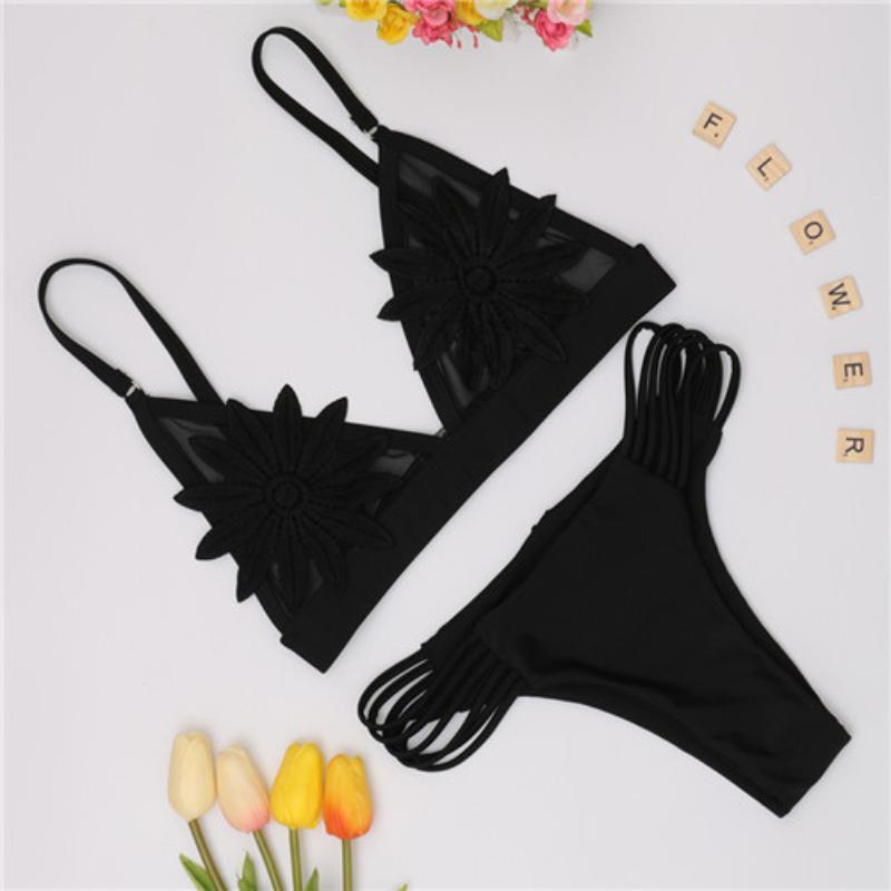 loomrack Strappy Flower Brazilian Cut Bikini Bikinis Set Black / S