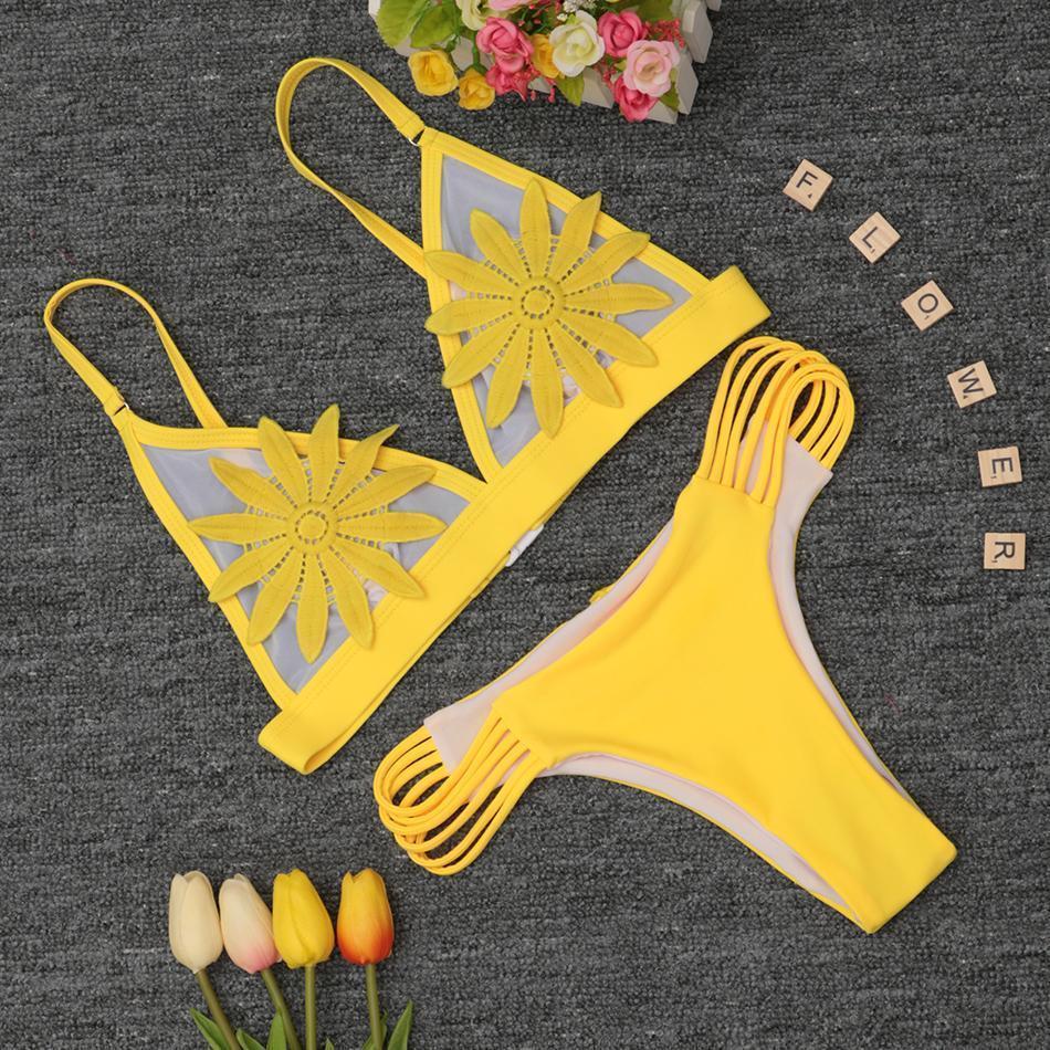 loomrack Strappy Flower Brazilian Cut Bikini Bikinis Set Yellow / S