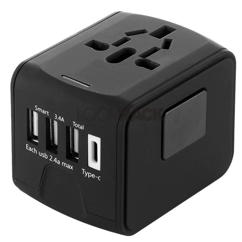 loomrack The Best Universal Travel Adapter for International Jet-Setters Travel Accessories Black 3-USB/1-Type C