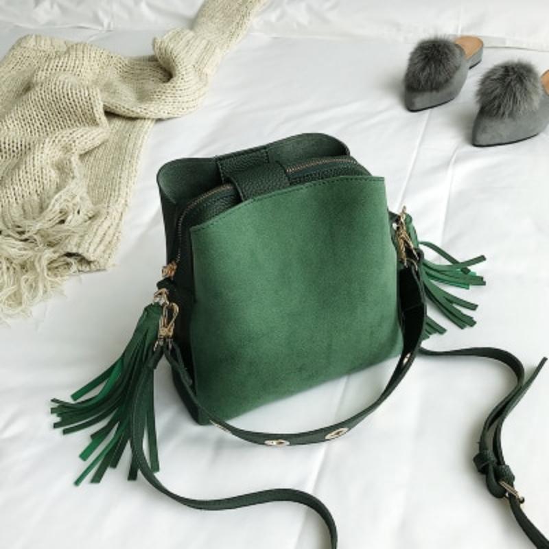 loomrack Vintage Tassel Adorned Bucket Crossbody Messenger Bag Shoulder Bags Green