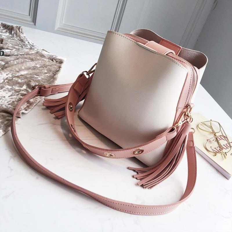 loomrack Vintage Tassel Adorned Bucket Crossbody Messenger Bag Shoulder Bags Pink