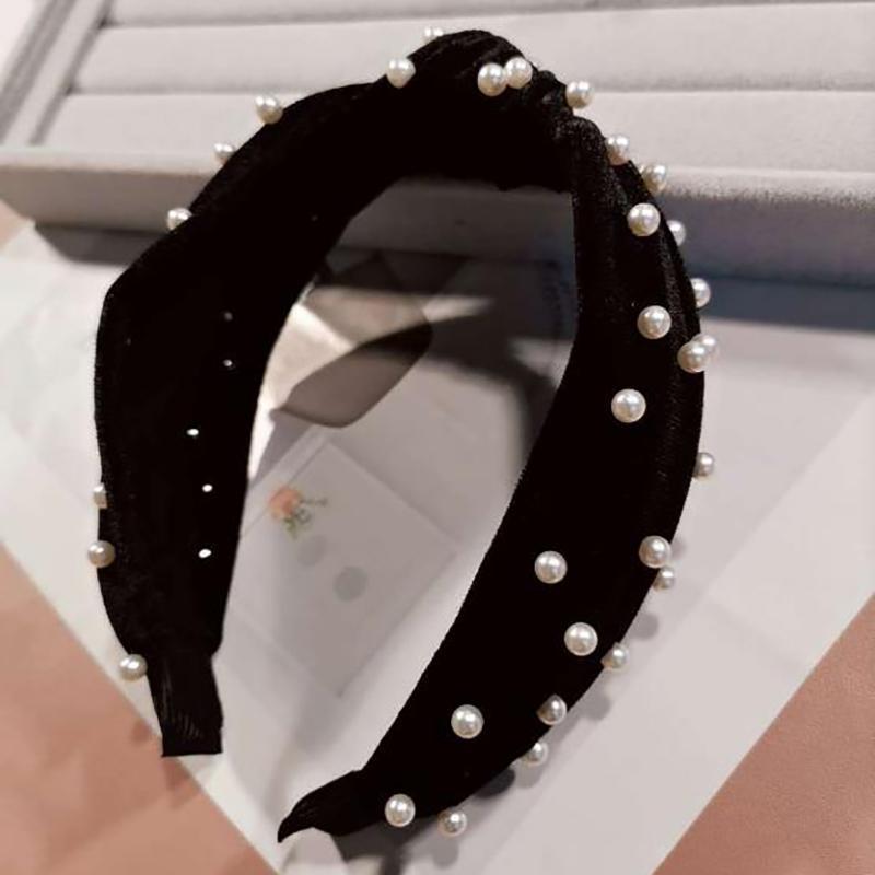 Pearl Bohemian Velvet Knot Hairband Headbands Black