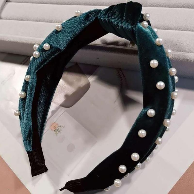 Pearl Bohemian Velvet Knot Hairband Headbands Green