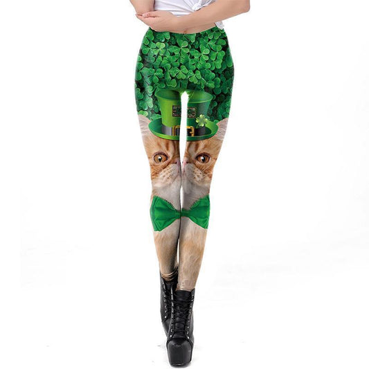 St Patrick's Day Design Leggings - Green Leaf Cat Print Irish Leggings S