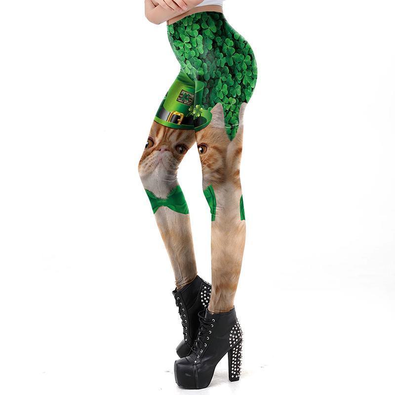 St Patrick's Day Design Leggings - Green Leaf Cat Print Irish Leggings S