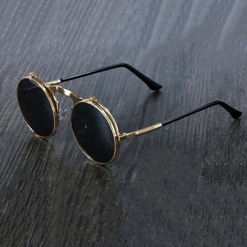 Steampunk Vintage Round Flip Frame Sunglasses Sunglasses gold black
