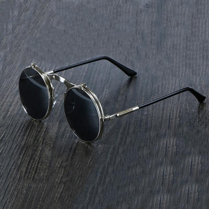 Steampunk Vintage Round Flip Frame Sunglasses Sunglasses silver black