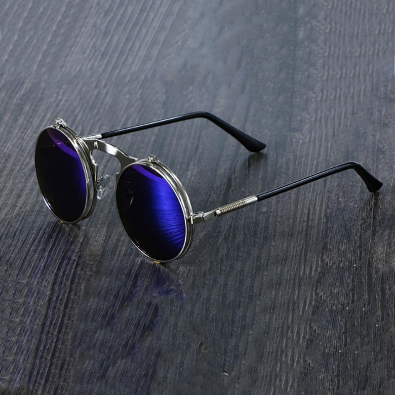 Steampunk Vintage Round Flip Frame Sunglasses Sunglasses silver blue