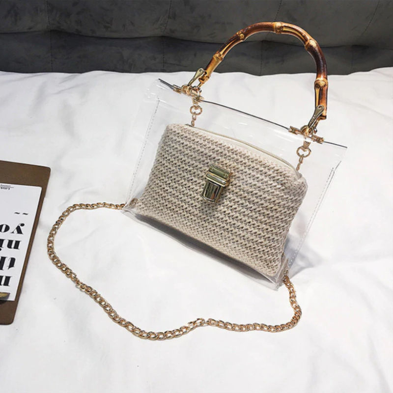 Transparent Rattan Bag with Bamboo Handle Rattan Bags Beige / 21cm x 13cm x 7cm