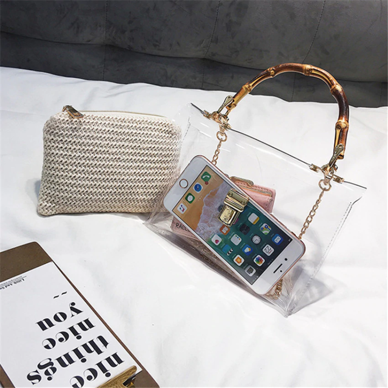 Transparent Rattan Bag with Bamboo Handle Rattan Bags Beige / 21cm x 13cm x 7cm